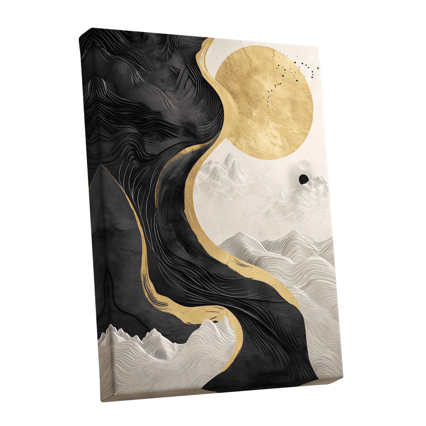 Gilded Tidal Forms, black, gold, white nature wall art shown as a stretched canvas wall art