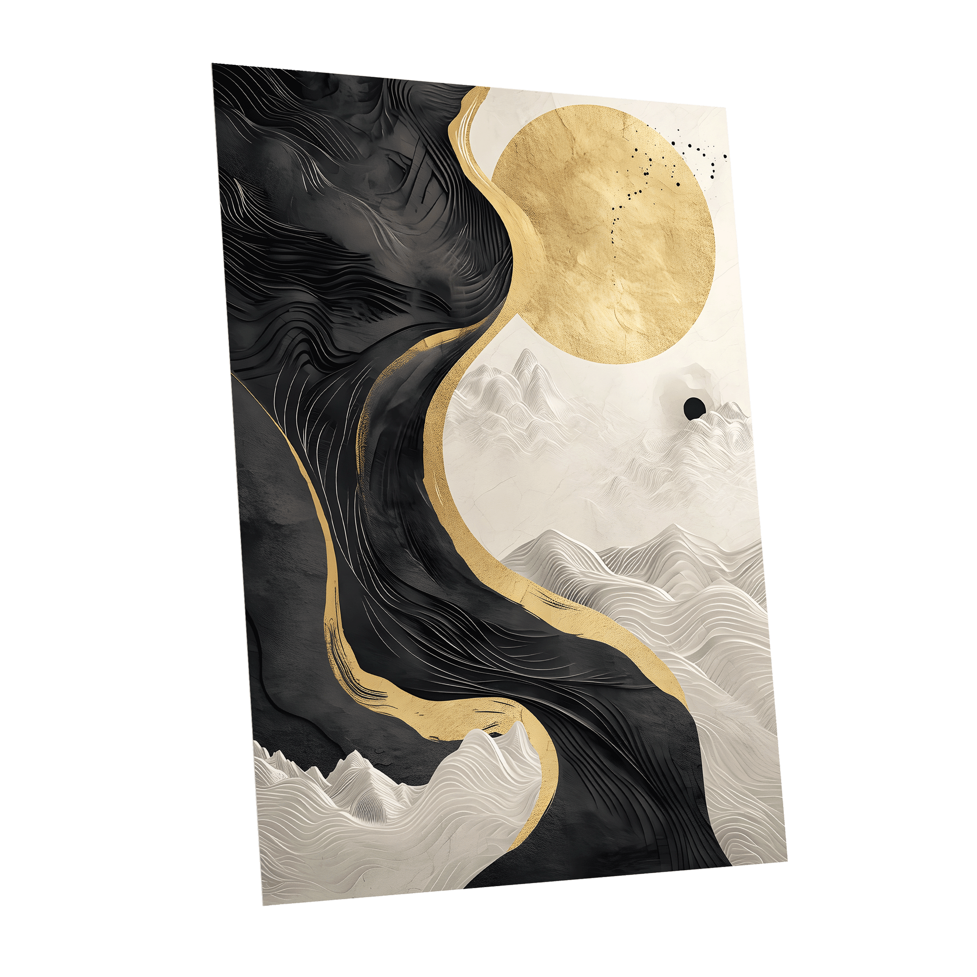 Gilded Tidal Forms, black, gold, white nature wall art shown as a unframed poster wall art print