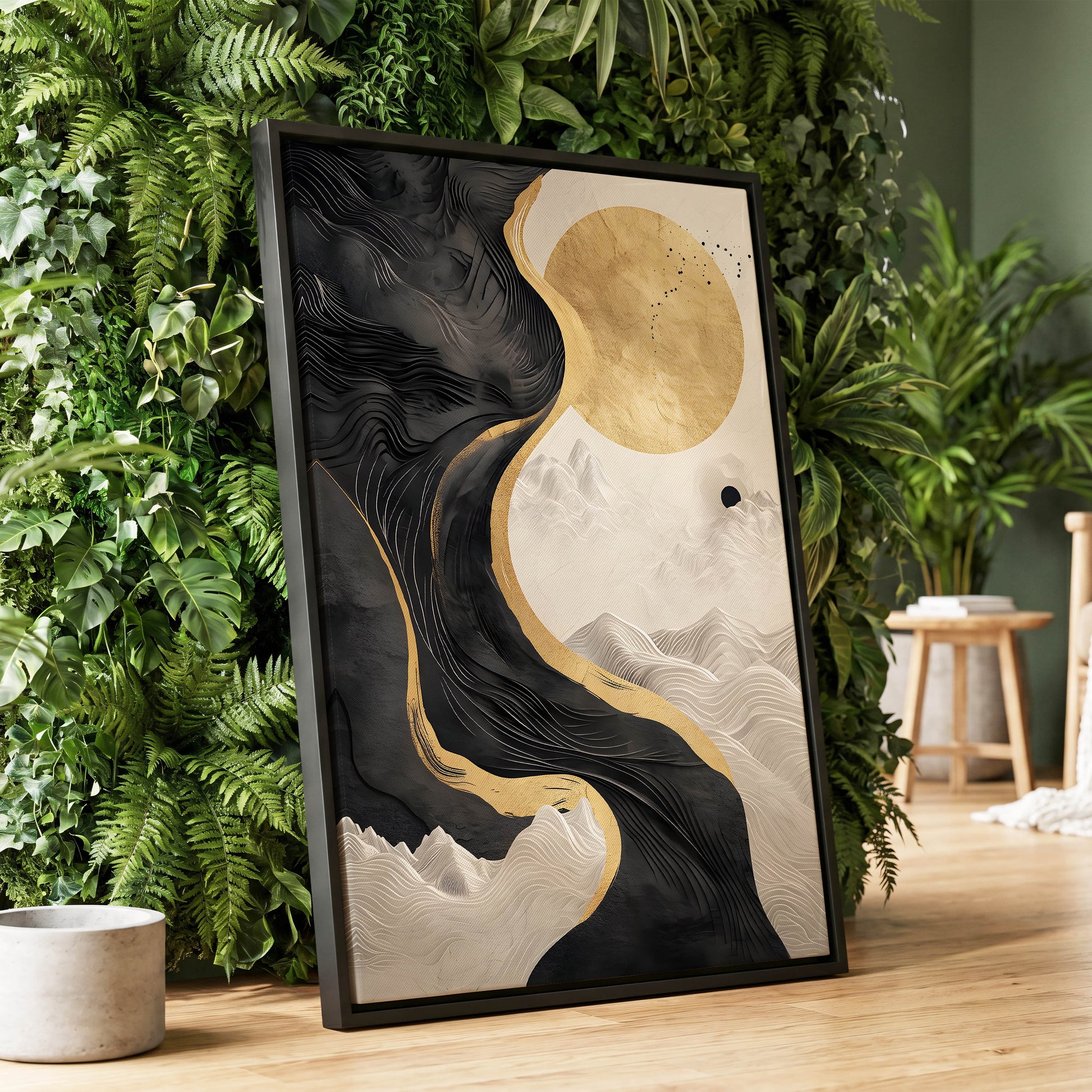 Gilded Tidal Forms, black, gold, white nature wall art displayed in a styled interior, gallery view 1