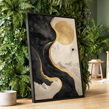 Gilded Tidal Forms, black, gold, white nature wall art displayed in a styled interior, gallery view 1