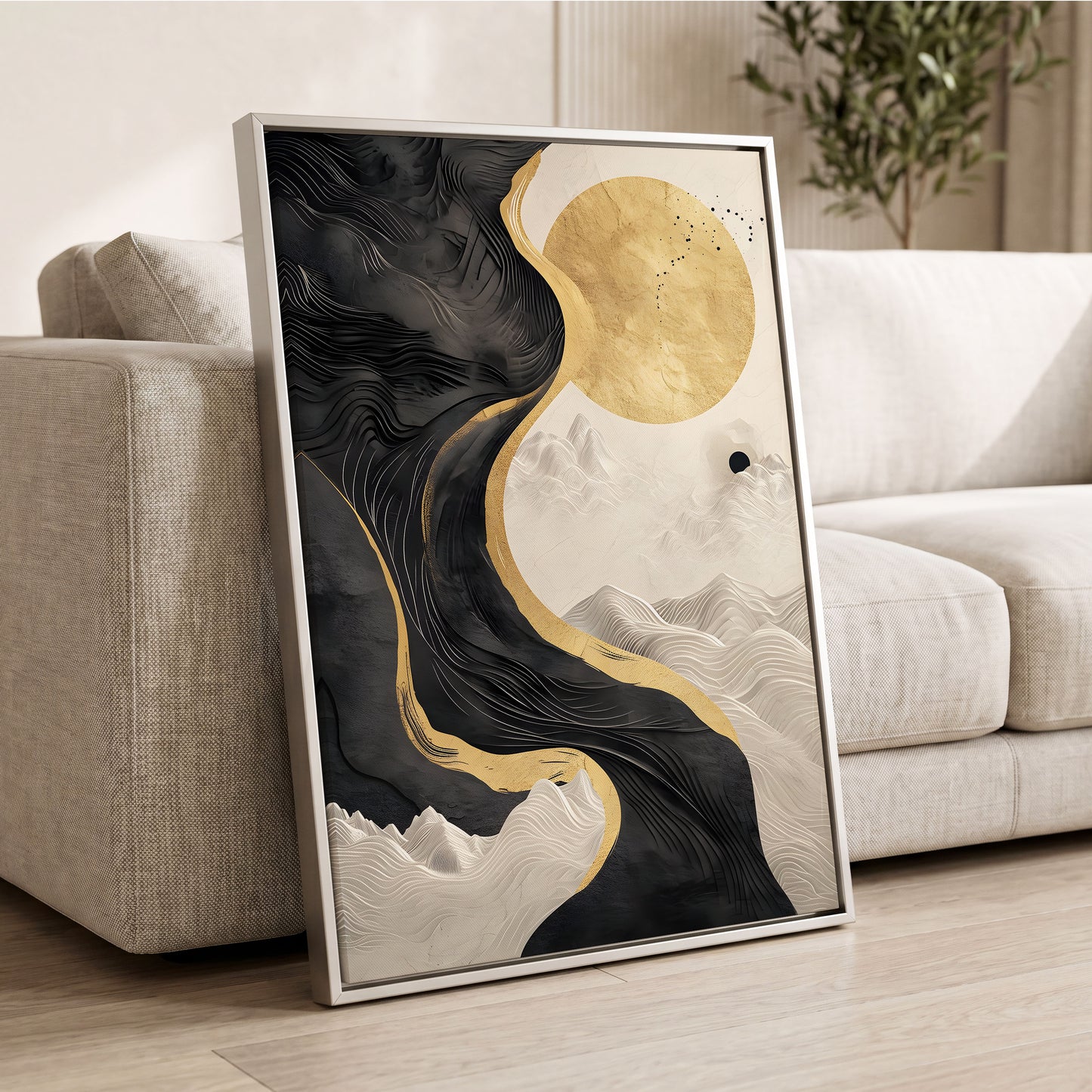 Gilded Tidal Forms, black, gold, white nature wall art displayed in a styled interior, gallery view 2