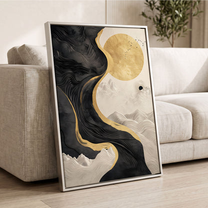 Gilded Tidal Forms, black, gold, white nature wall art displayed in a styled interior, gallery view 2