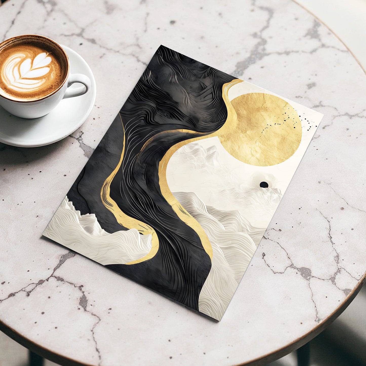 Gilded Tidal Forms, black, gold, white nature wall art displayed in a styled interior, gallery view 3