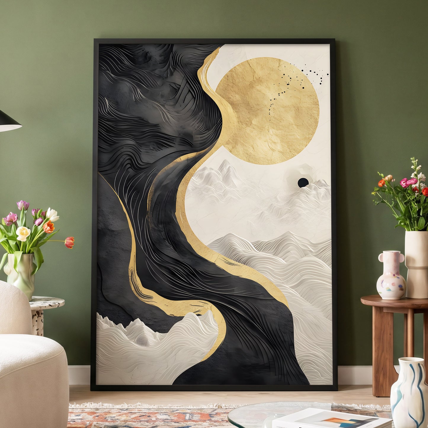 Gilded Tidal Forms, black, gold, white nature wall art displayed in a styled interior, gallery view 4