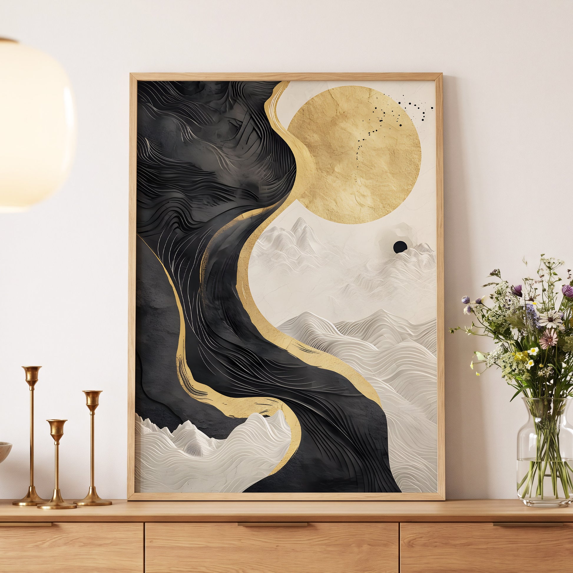 Gilded Tidal Forms, black, gold, white nature wall art displayed in a styled interior, gallery view 5