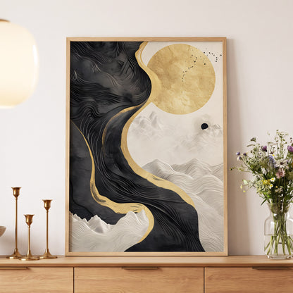 Gilded Tidal Forms, black, gold, white nature wall art displayed in a styled interior, gallery view 5