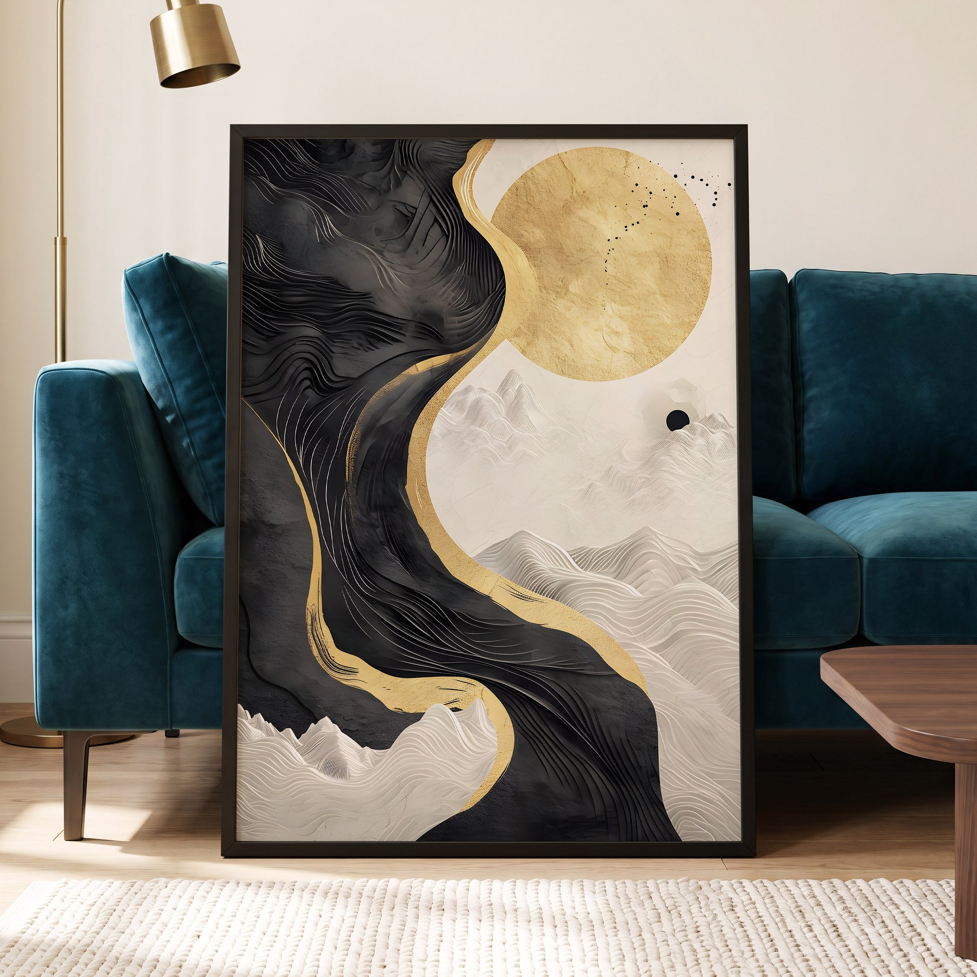 Gilded Tidal Forms, black, gold, white nature wall art displayed in a styled interior, gallery view 6