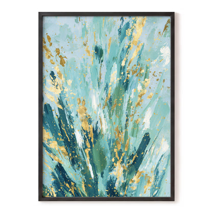 Gilded Tidal Veil – blue, green, gold abstract wall art, front view