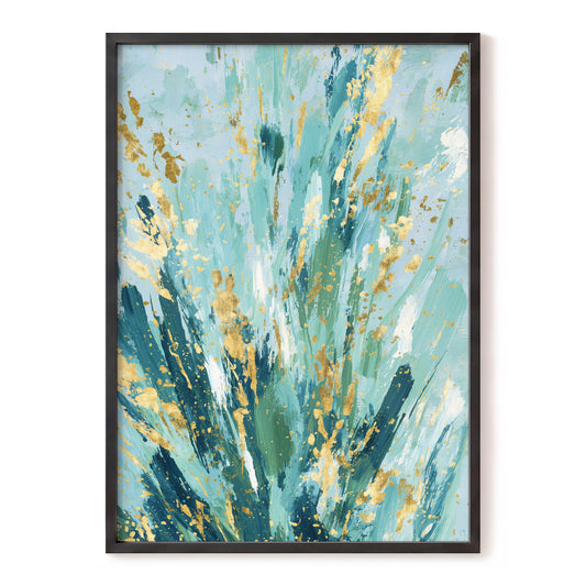 Gilded Tidal Veil – blue, green, gold abstract wall art, front view