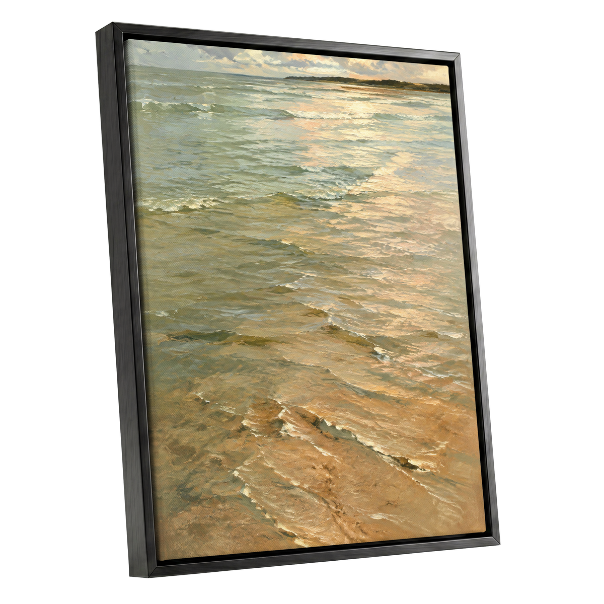 Gilded Tides, green, blue, beige nature wall art shown as a black framed canvas wall art