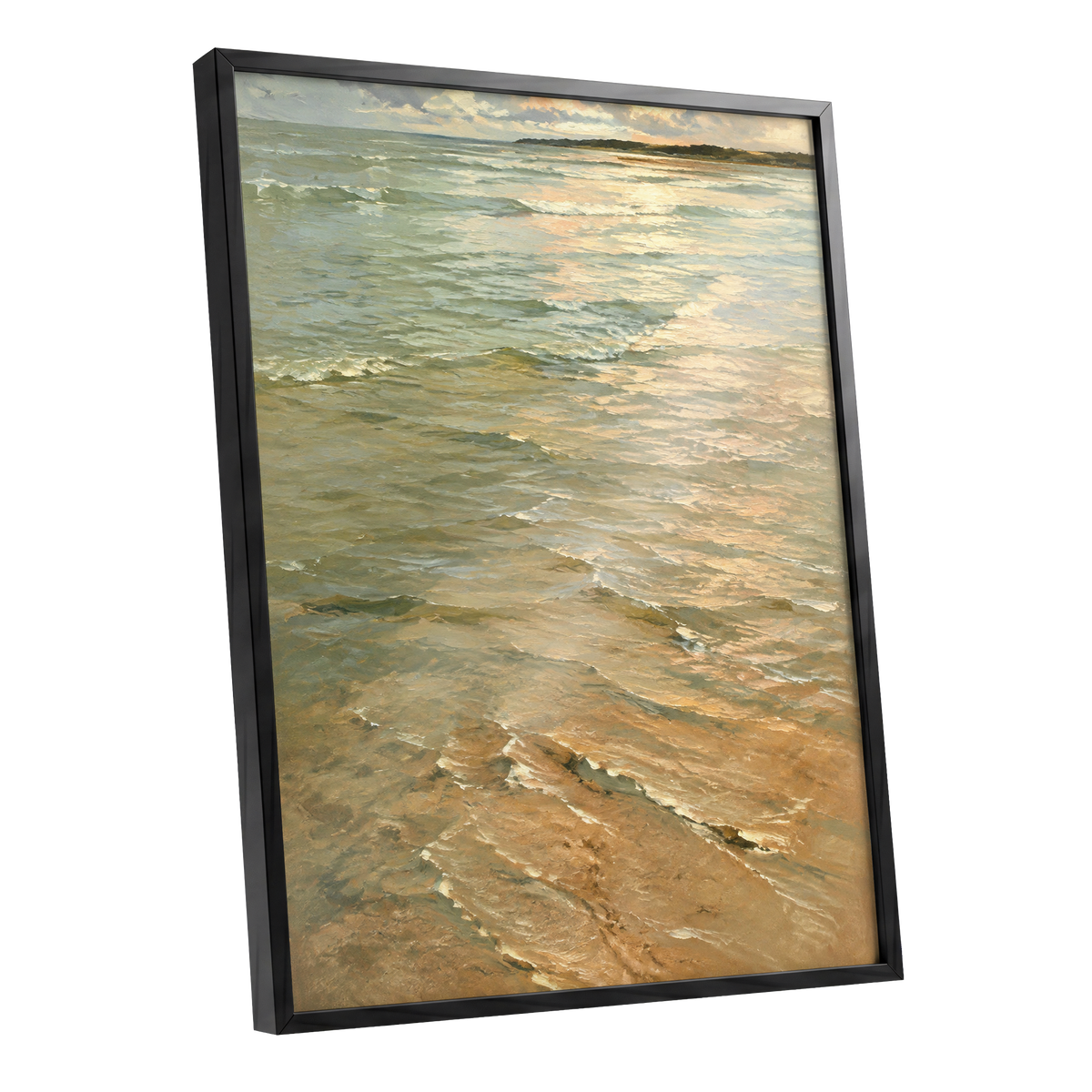 Gilded Tides, green, blue, beige nature wall art shown as a black framed poster wall art print
