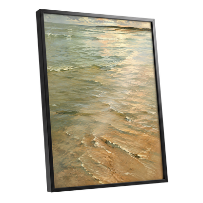 Gilded Tides, green, blue, beige nature wall art shown as a black framed poster wall art print