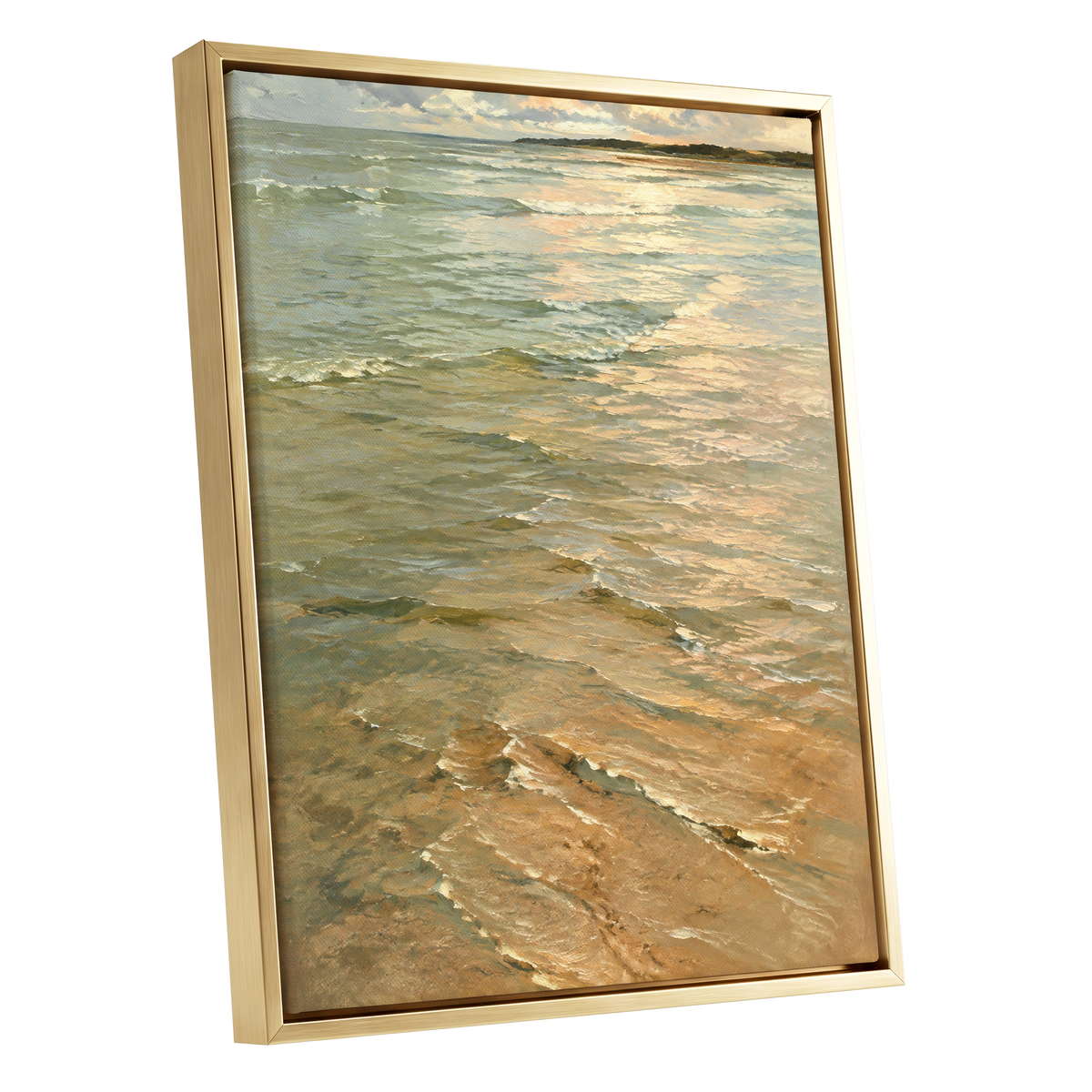Gilded Tides, green, blue, beige nature wall art shown as a gold framed canvas wall art