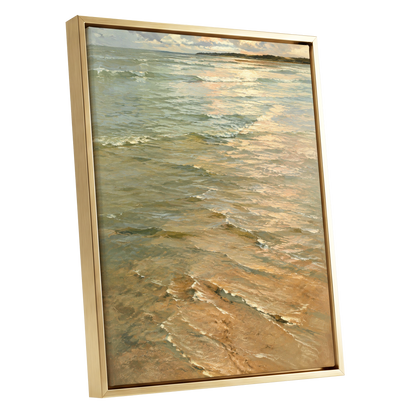 Gilded Tides, green, blue, beige nature wall art shown as a gold framed canvas wall art