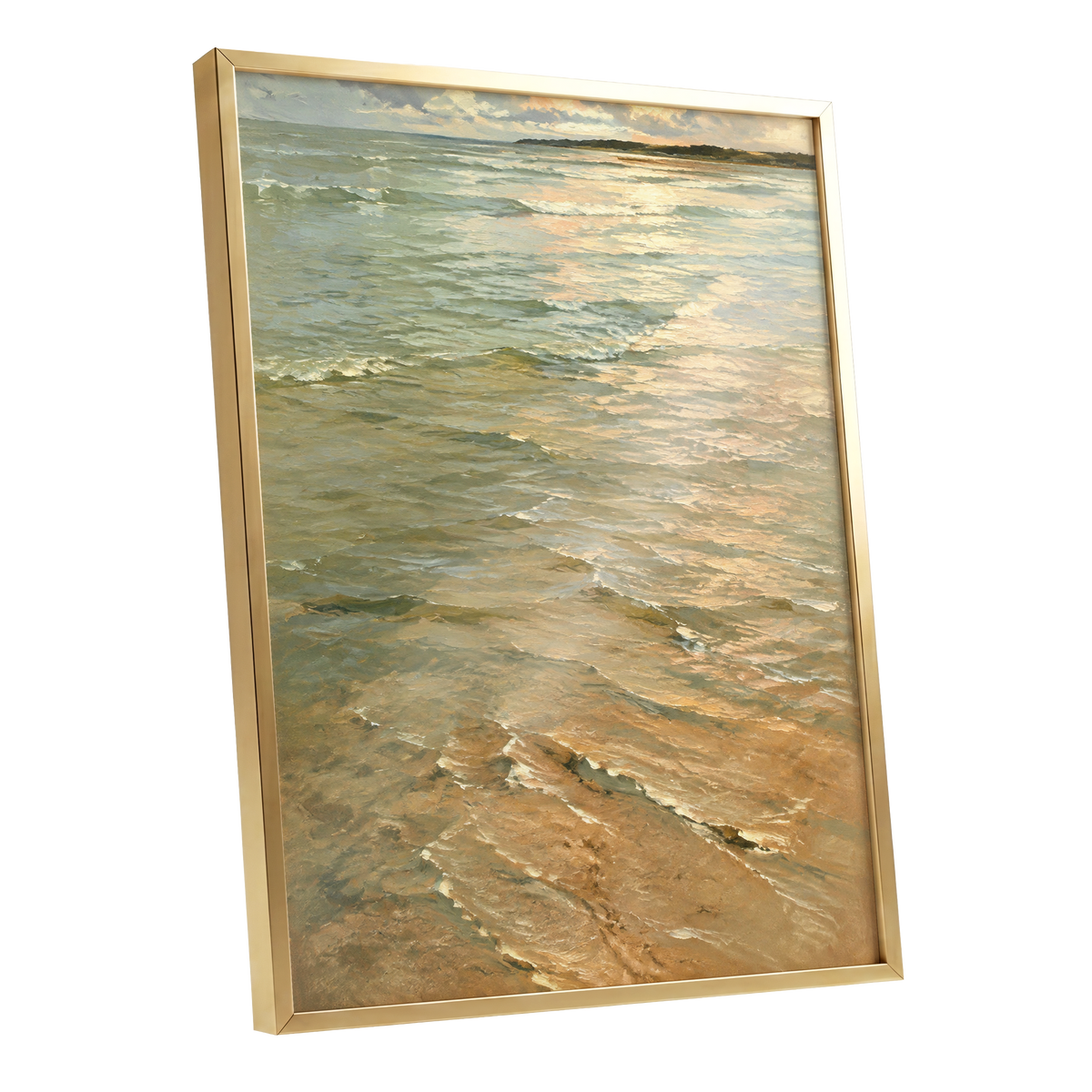 Gilded Tides, green, blue, beige nature wall art shown as a gold framed poster wall art print