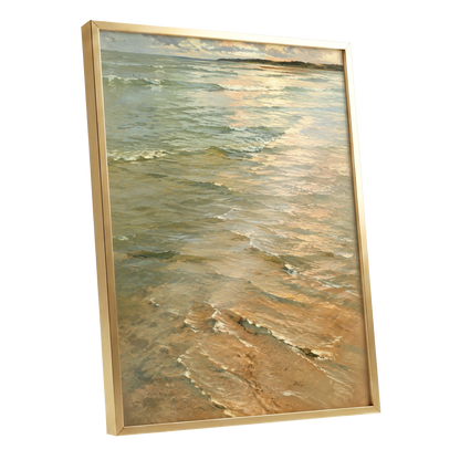 Gilded Tides, green, blue, beige nature wall art shown as a gold framed poster wall art print