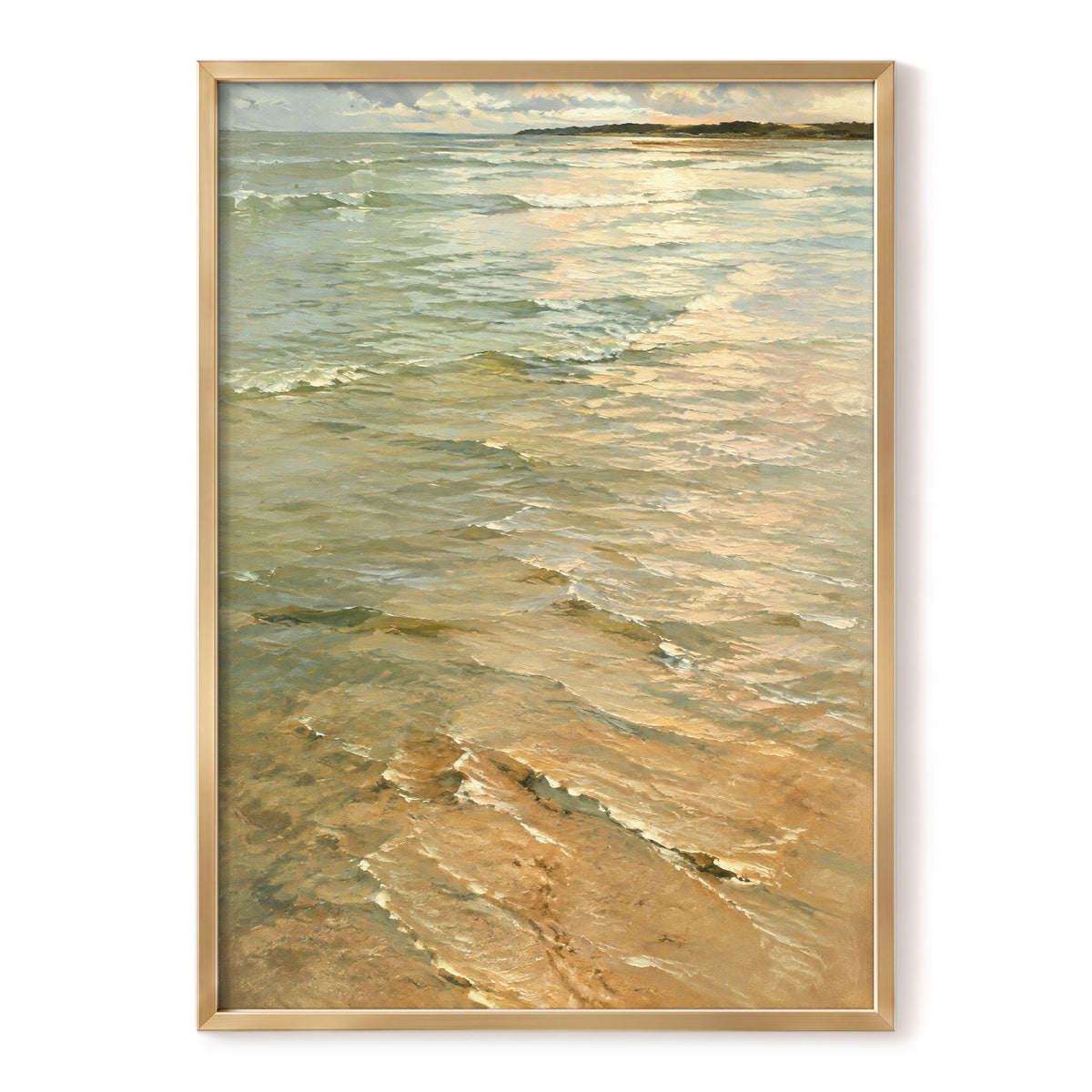 Gilded Tides, green, blue, beige nature wall art, front artwork view
