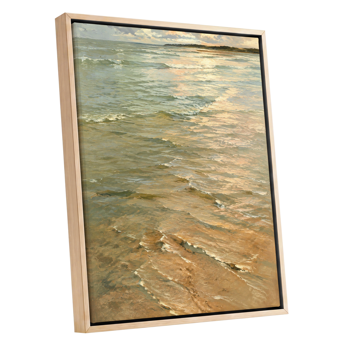 Gilded Tides, green, blue, beige nature wall art shown as a oak framed canvas wall art