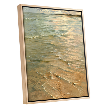 Gilded Tides, green, blue, beige nature wall art shown as a oak framed canvas wall art