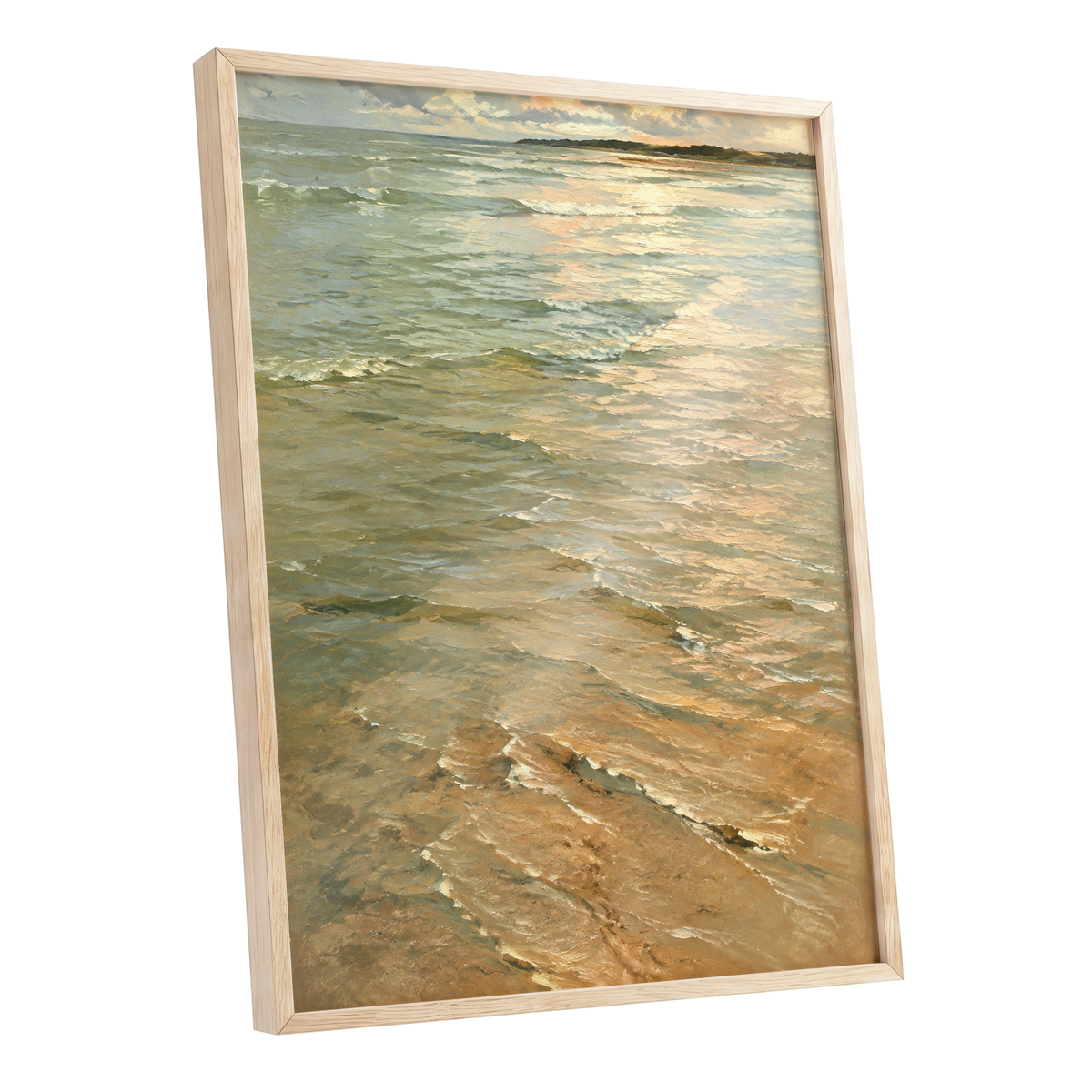 Gilded Tides, green, blue, beige nature wall art shown as a oak framed poster wall art print