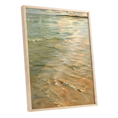 Gilded Tides, green, blue, beige nature wall art shown as a oak framed poster wall art print
