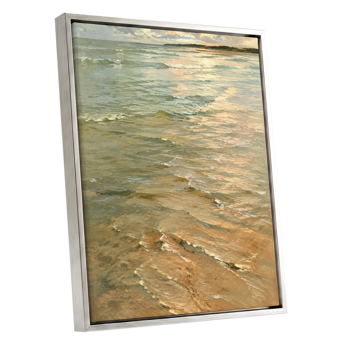 Gilded Tides, green, blue, beige nature wall art shown as a silver framed canvas wall art