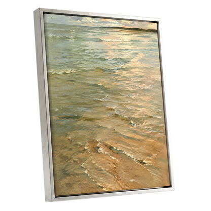 Gilded Tides, green, blue, beige nature wall art shown as a silver framed canvas wall art