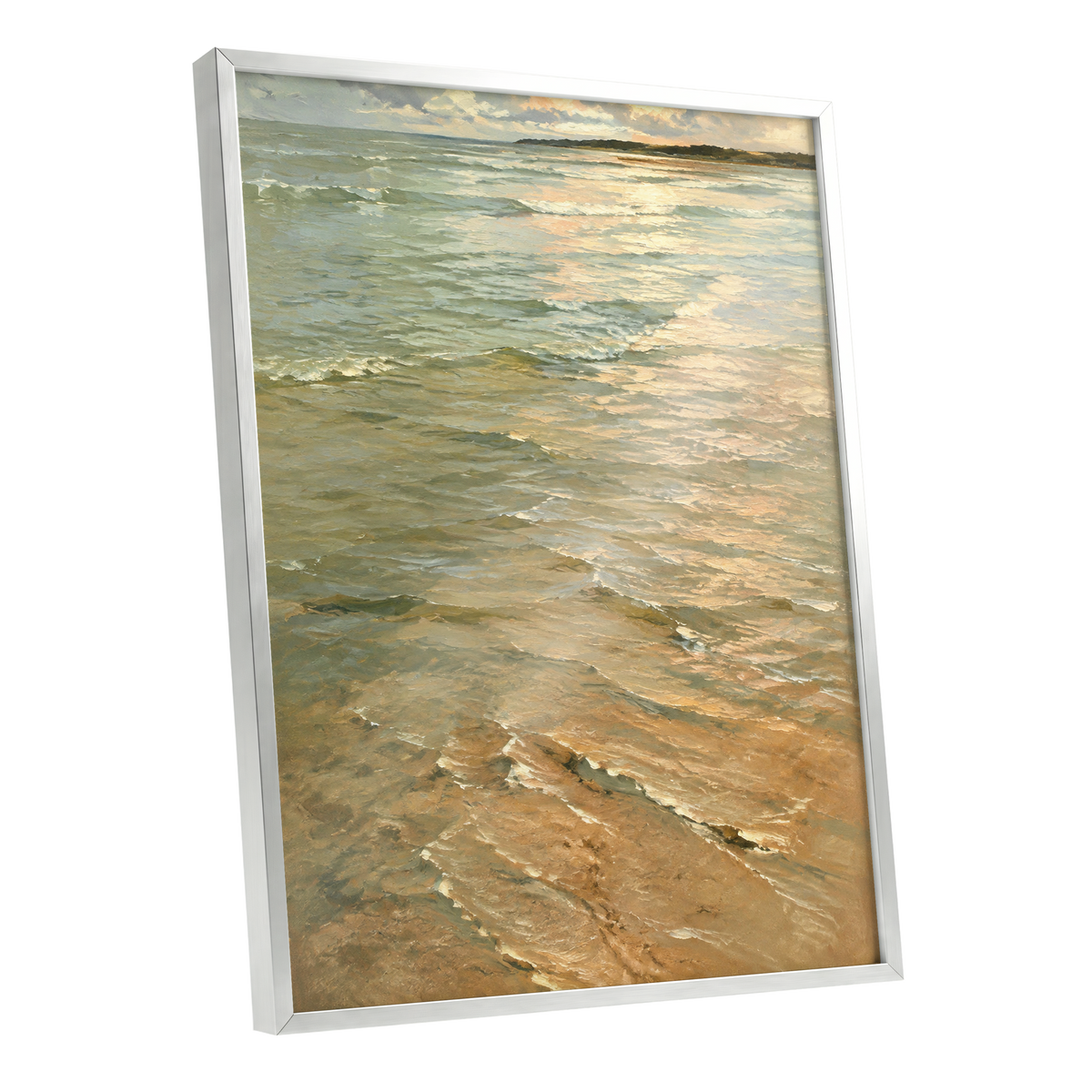 Gilded Tides, green, blue, beige nature wall art shown as a silver framed poster wall art print