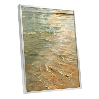 Gilded Tides, green, blue, beige nature wall art shown as a silver framed poster wall art print