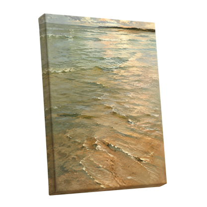 Gilded Tides, green, blue, beige nature wall art shown as a stretched canvas wall art