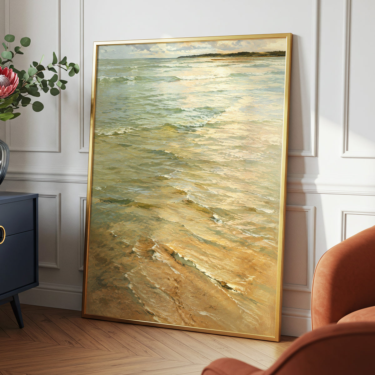Gilded Tides, green, blue, beige nature wall art displayed in a styled interior, gallery view 2