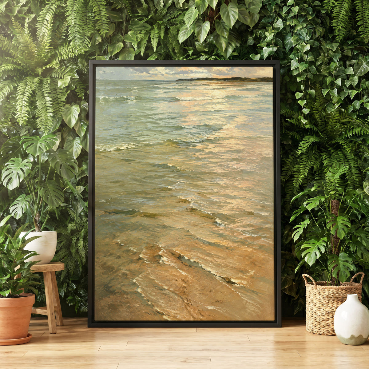 Gilded Tides, green, blue, beige nature wall art displayed in a styled interior, gallery view 4