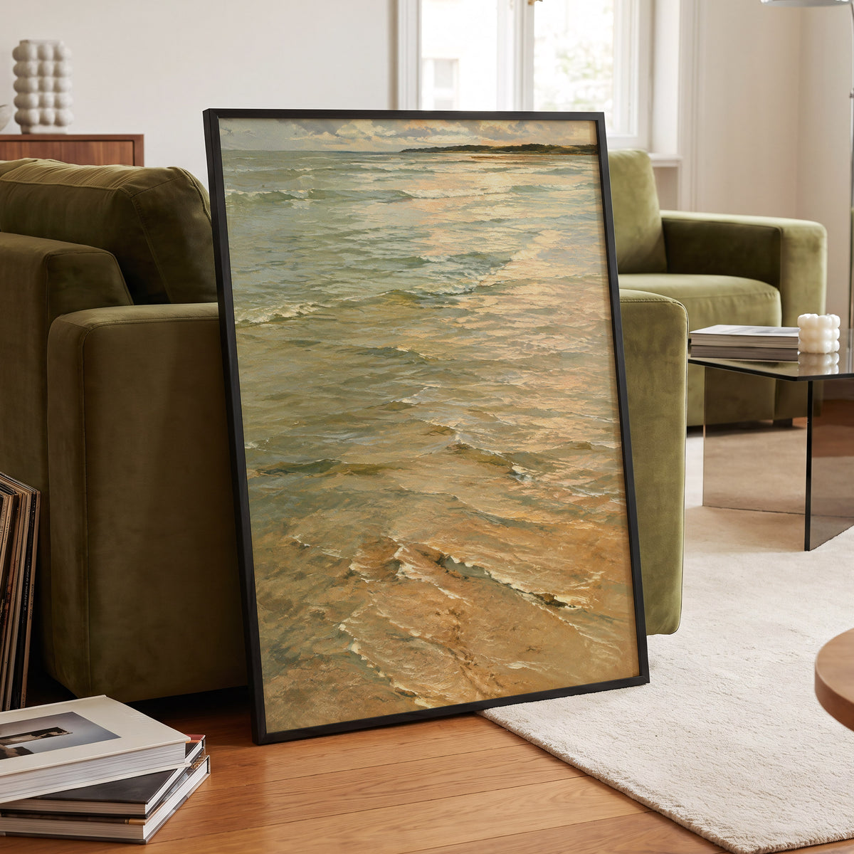 Gilded Tides, green, blue, beige nature wall art displayed in a styled interior, gallery view 6