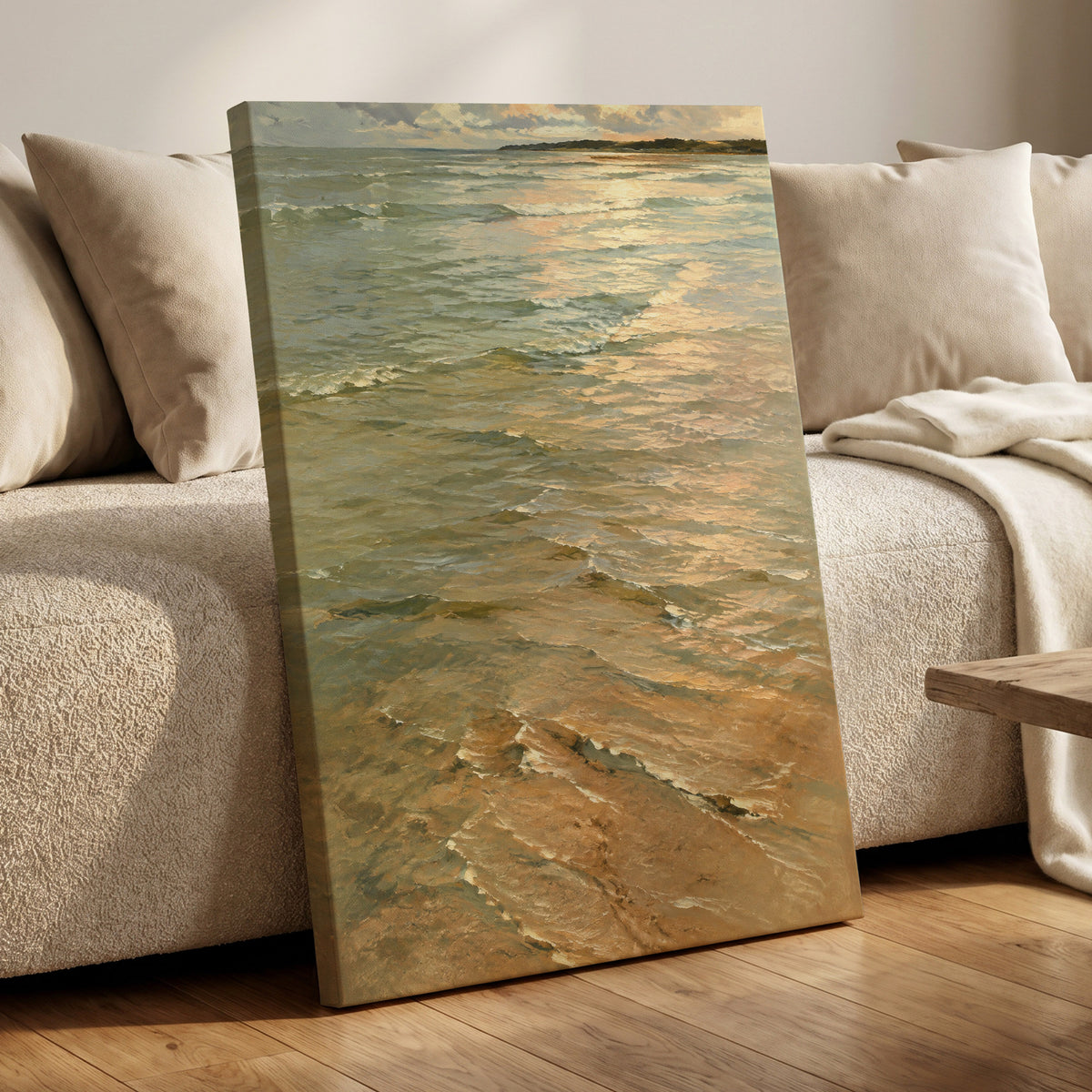 Gilded Tides, green, blue, beige nature wall art displayed in a styled interior, gallery view 7
