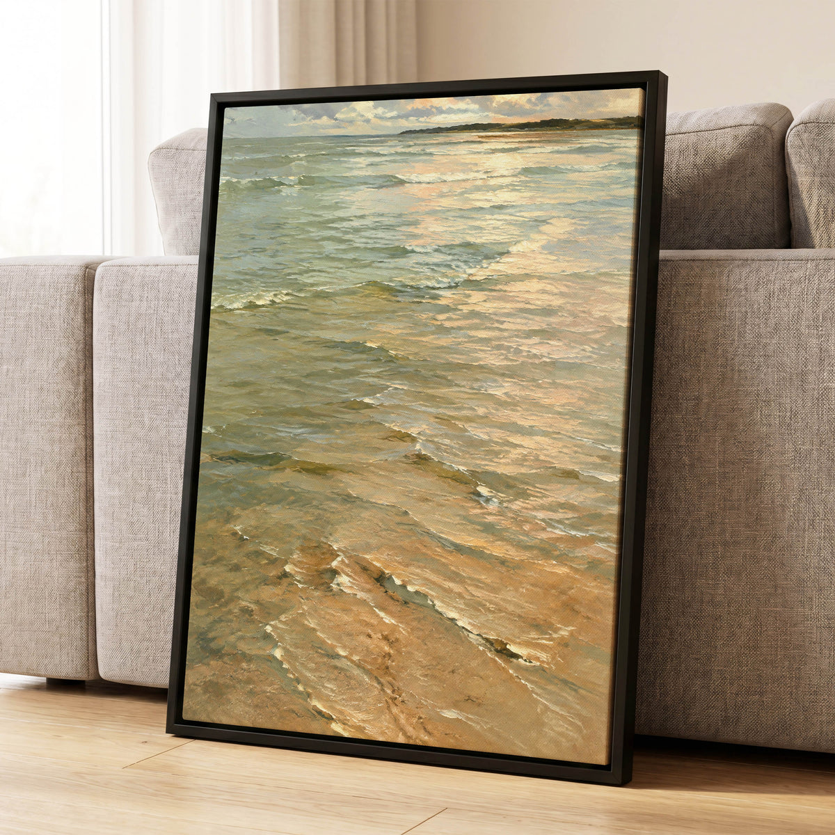 Gilded Tides, green, blue, beige nature wall art displayed in a styled interior, gallery view 8