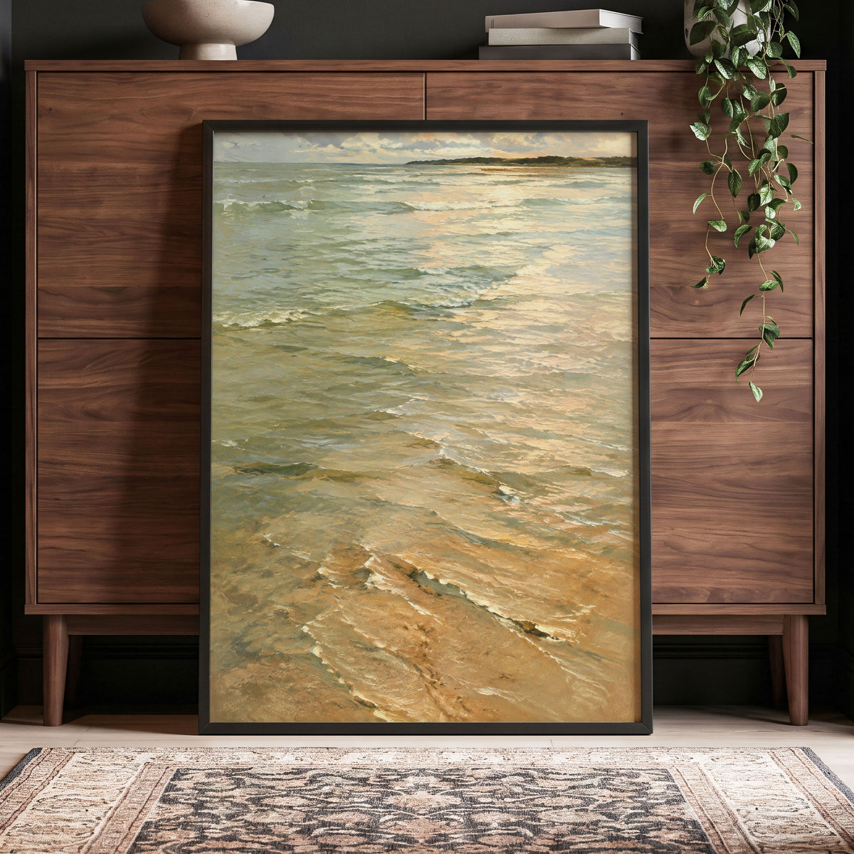 Gilded Tides, green, blue, beige nature wall art displayed in a styled interior, gallery view 9