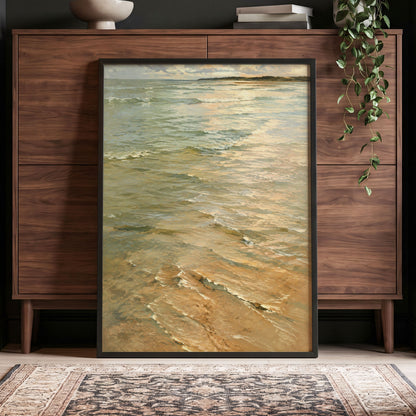 Gilded Tides, green, blue, beige nature wall art displayed in a styled interior, gallery view 9