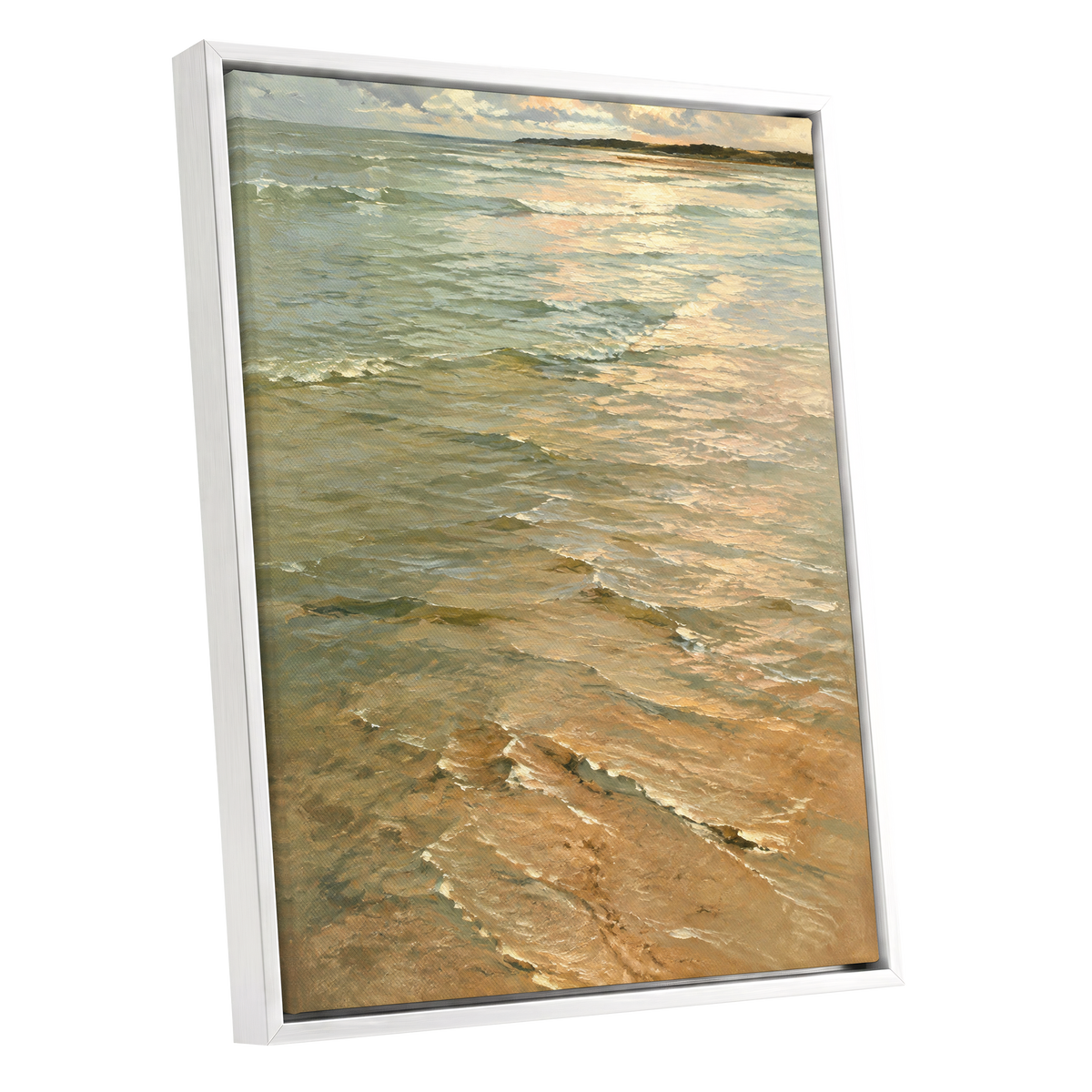 Gilded Tides, green, blue, beige nature wall art shown as a white framed canvas wall art