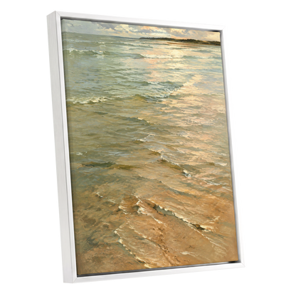 Gilded Tides, green, blue, beige nature wall art shown as a white framed canvas wall art