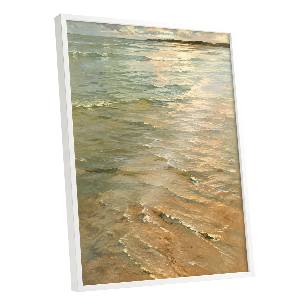 Gilded Tides, green, blue, beige nature wall art shown as a white framed poster wall art print