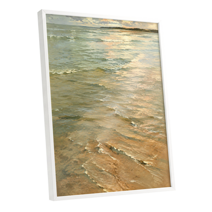 Gilded Tides, green, blue, beige nature wall art shown as a white framed poster wall art print