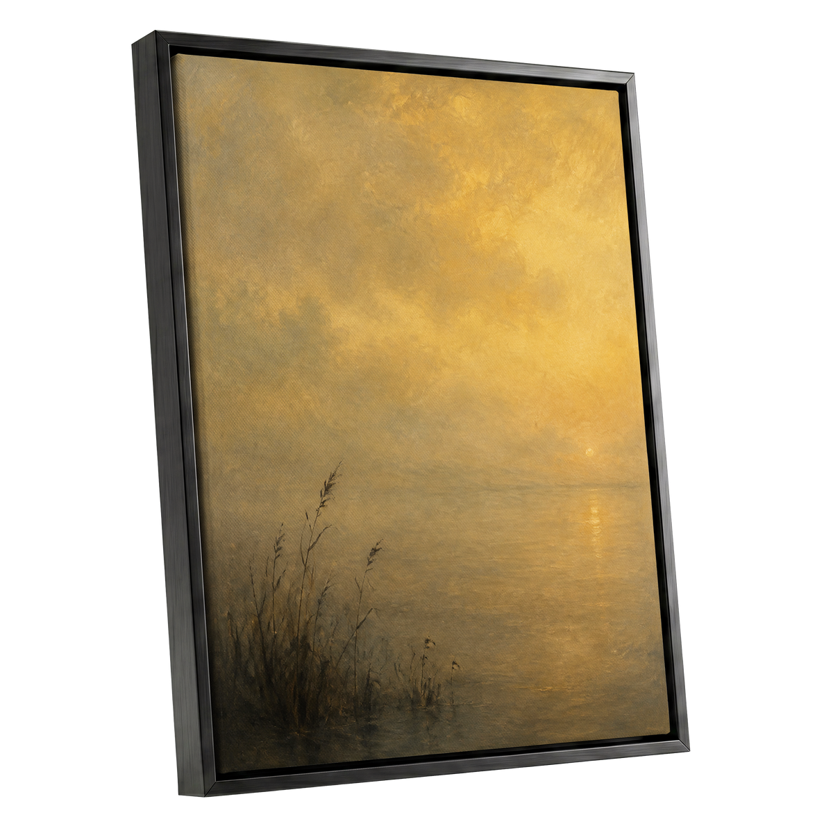 Gilded Waters, gold, yellow, brown nature wall art shown as a black framed canvas wall art