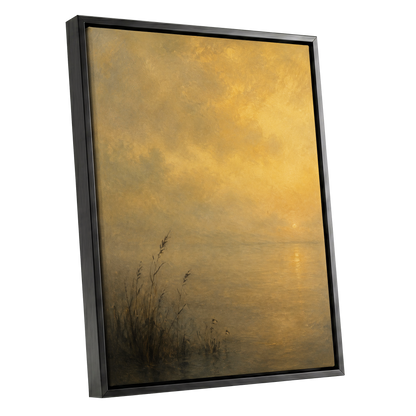 Gilded Waters, gold, yellow, brown nature wall art shown as a black framed canvas wall art