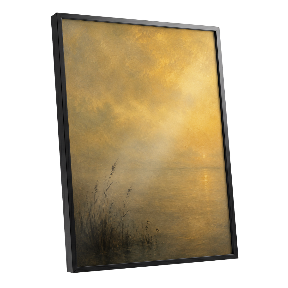 Gilded Waters, gold, yellow, brown nature wall art shown as a black framed poster wall art print