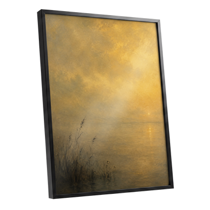 Gilded Waters, gold, yellow, brown nature wall art shown as a black framed poster wall art print