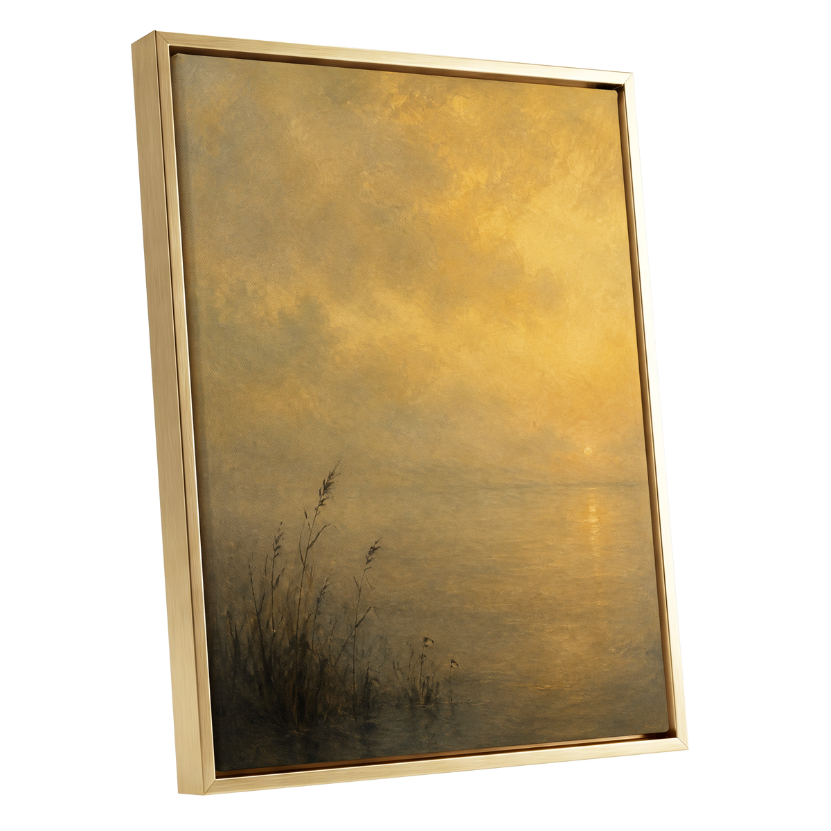 Gilded Waters, gold, yellow, brown nature wall art shown as a gold framed canvas wall art
