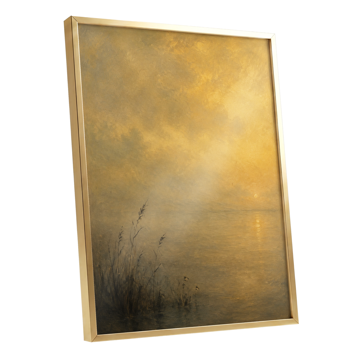 Gilded Waters, gold, yellow, brown nature wall art shown as a gold framed poster wall art print