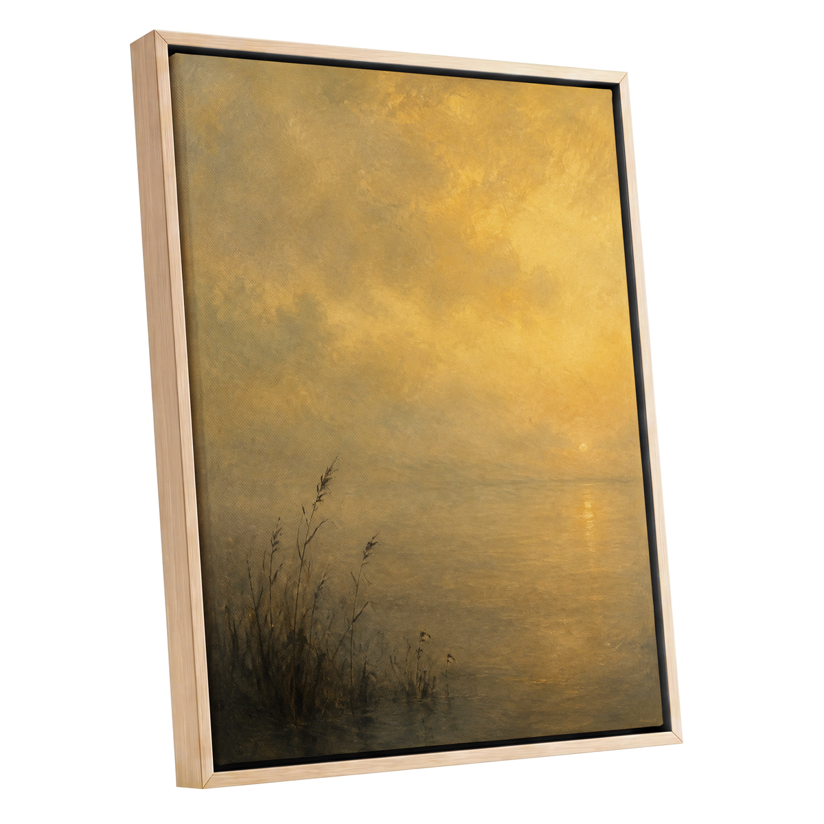 Gilded Waters, gold, yellow, brown nature wall art shown as a oak framed canvas wall art
