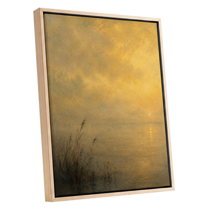 Gilded Waters, gold, yellow, brown nature wall art shown as a oak framed canvas wall art