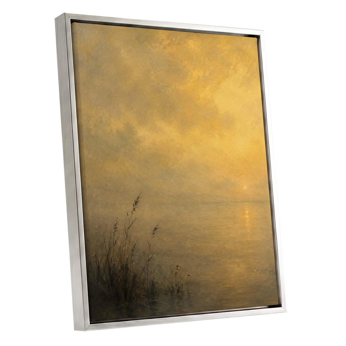 Gilded Waters, gold, yellow, brown nature wall art shown as a silver framed canvas wall art